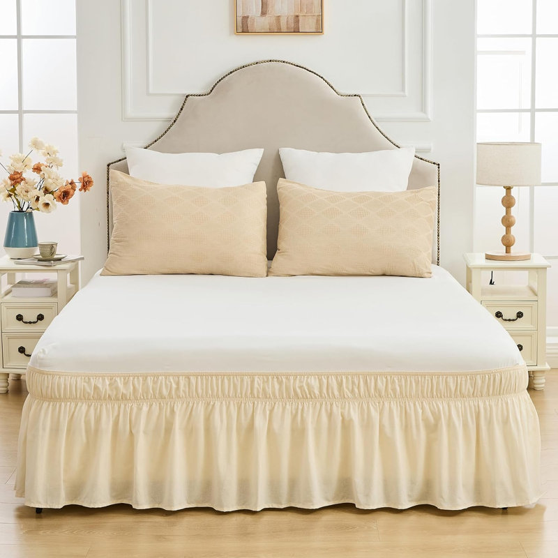 Cotton Ruffles Wrap Around Bed Skirts 17" Drop with Adjustable Elastic, Queen, Linen