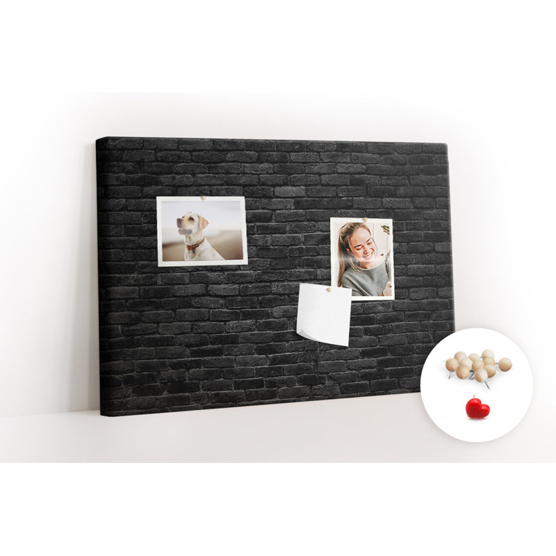 Wall Mounted cork board with print decorative wall message pin boards home office bulletin board ideas Dark brick wall