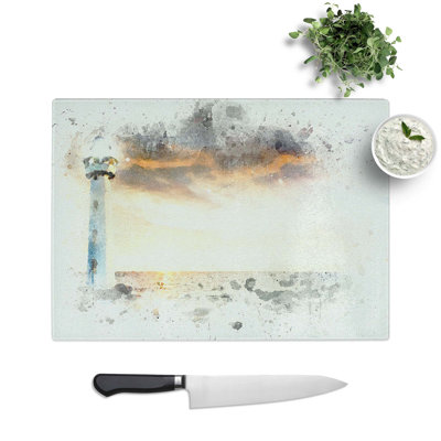 Glass Lighthouse & Seascape Evening Glow in Abstract Chopping Board