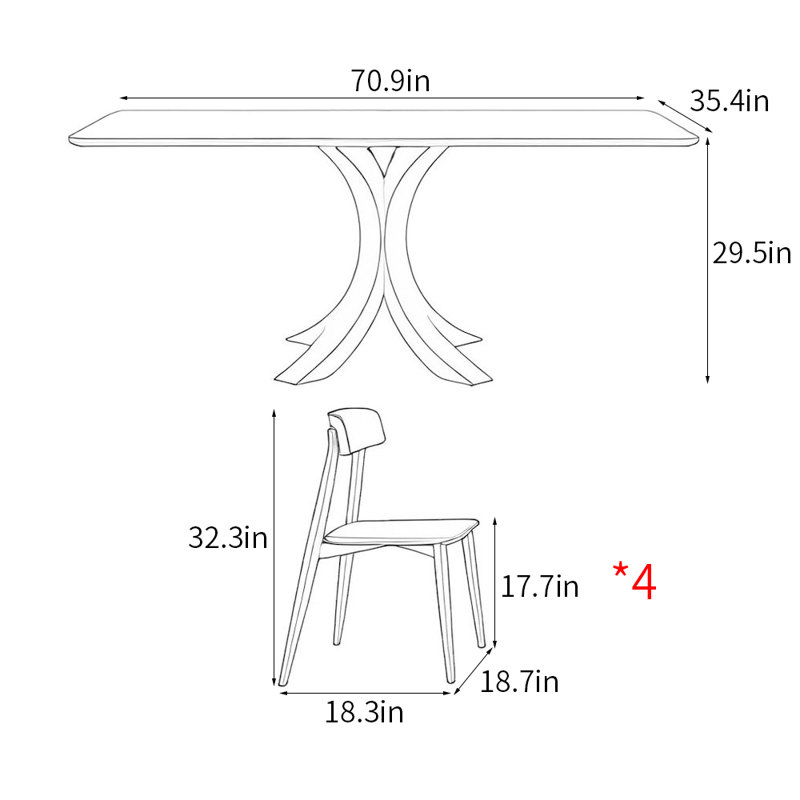 Ensemble de table de salle à manger rectangulaire de style italien, H 29,5 po x L 70,9 po x l 35,4 po