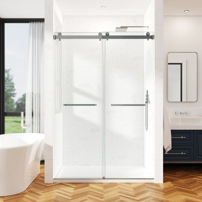 56-60" W x 76" H Frameless Double Sliding Shower Door with 3/8" (10mm) Clear Tempered Glass, Shatter-Resistant Film & Installation Hole Locator