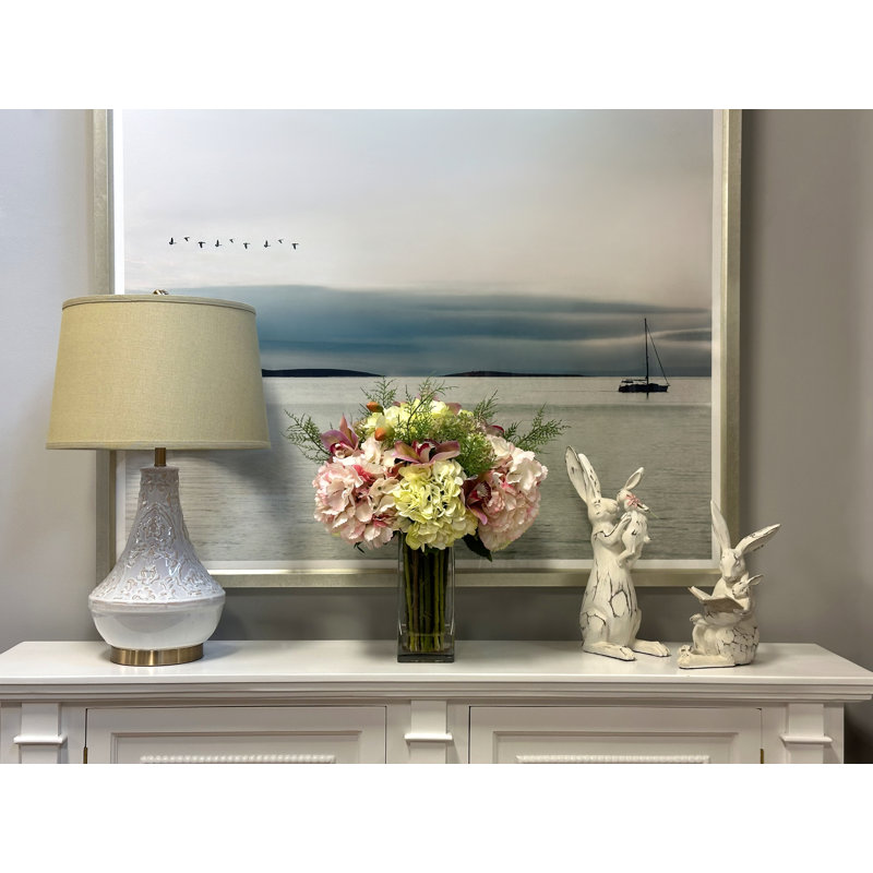 Faux Orchid and Hydrangea Arrangement in Glass Vase
