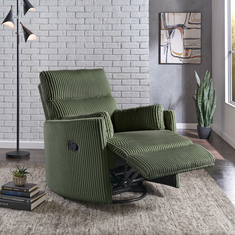 Harrill Plush Corduroy Fabric Manual Swivel Glider Recliner, Green