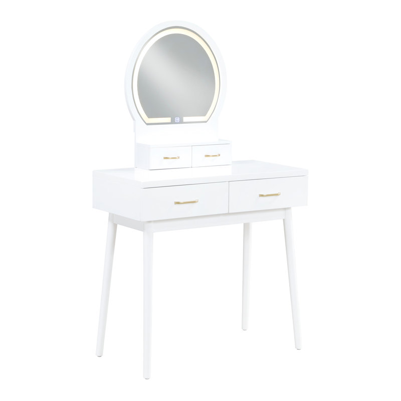 Luxury Vanity In White With Led Lighted Mirror, 4 Drawers And Padded Stool For Bedroom Storage Decoration
