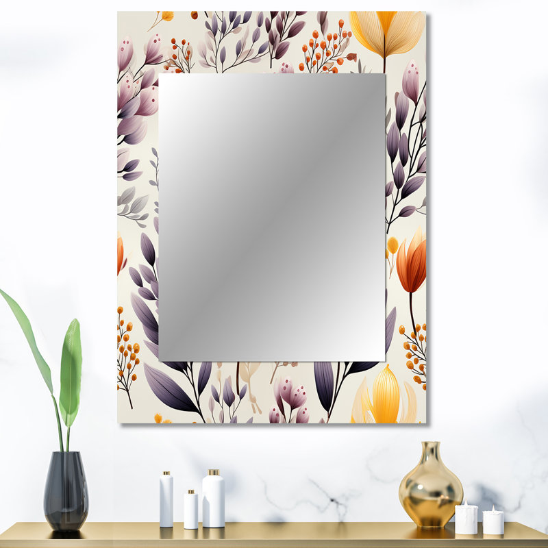 Arayana Purple Antique Floral Garden Meadow - botanical  Decorative Mirror, Boho Large Wall Mirror, Printed Metal Art