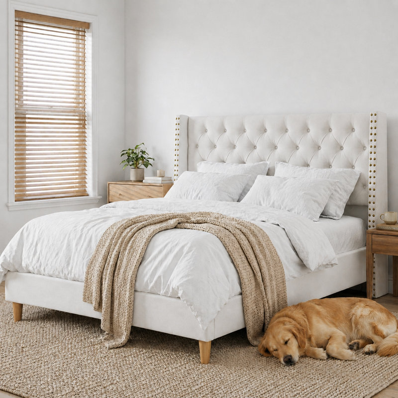 House of Hampton Modern Velvet Upholstered Platform Bed with Wingback Tufted Headboard, Beige, Full/Double