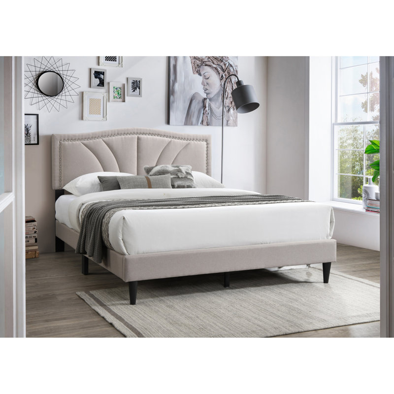 Cadre de lit tête de lit moderne moderne en tissu brun clair, Lit double, Marron clair
