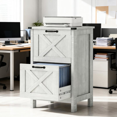 Armoire de bureau avec 2 tiroirs pour organiser les dossiers de format A4 et lettre, agencement de couleurs gris vieilli, décoration de porte de grange, glissières de tiroir silencieuses, stabilité de basculement, dossier inspiré des panneaux de particules Scratch