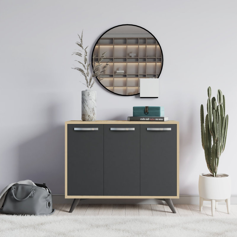Modern Multi-Purpose Cabinet, Oak & Anthracite, 39.4 x 32.3 x 13.8 inches | 100% Melamine Coated Particle Board, Thickness: 0.7 inches | 4 Drawers, Numerous Shelves, Wall-Mountable, Stylish & Functional Design for Home or Office