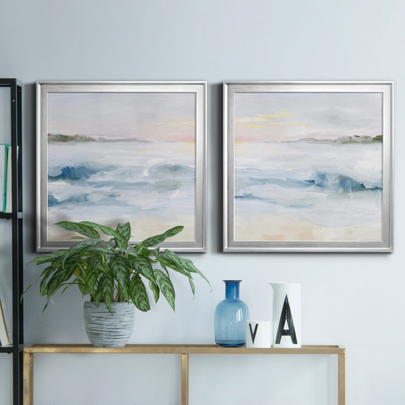 «Surf At Dawn», toile tendue avec châssis en I - prête à être accrochée, Toile avec cadre argenté, Pas de tapis