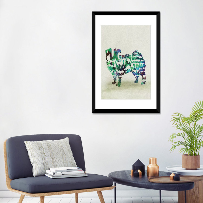 «Pug» par Ayse Deniz Akerman - reproduction d'art textuel sur toile, H 24 po x l 16 po x P 1 po, Papier avec cadre noir