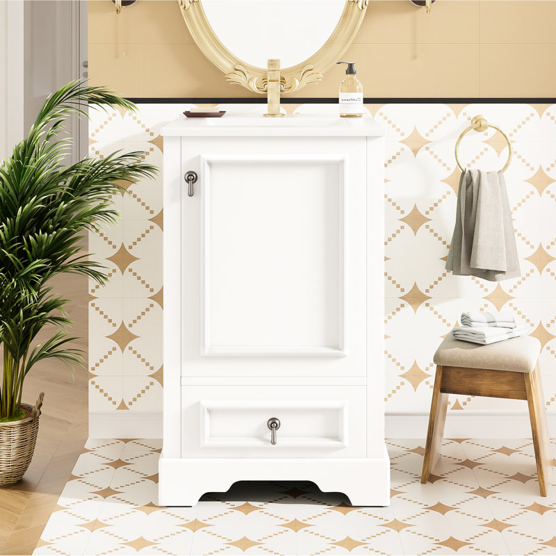 Meuble-lavabo de 20 pouces avec solution de rangement pratique, lavabo en céramique, charnières à fermeture en douceur, rangement réglable en forme de U et porte de porte, tablette, support de tiroir à compartiments, style moderne, peu encombrant
