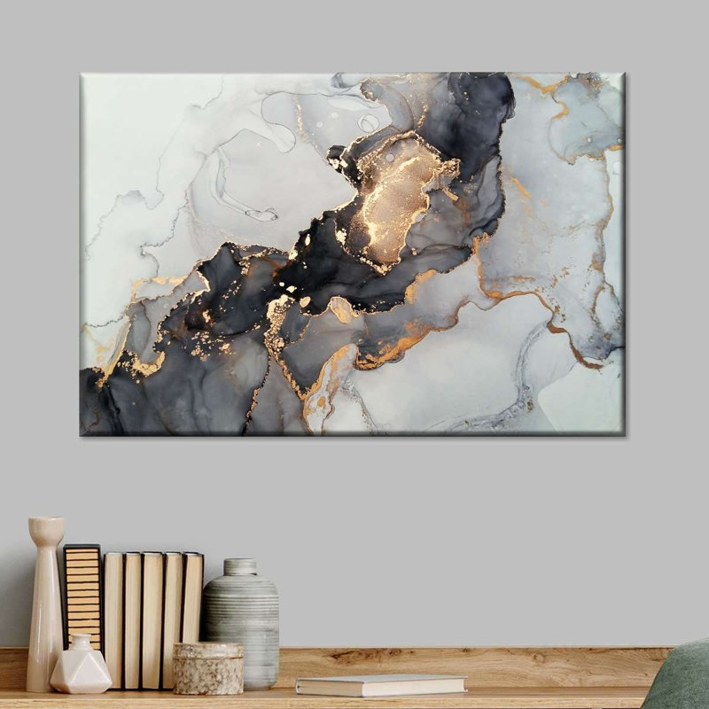 Éclaboussure noire et dorée sur toile, H 36 po x l 24 po x P 1,25 po