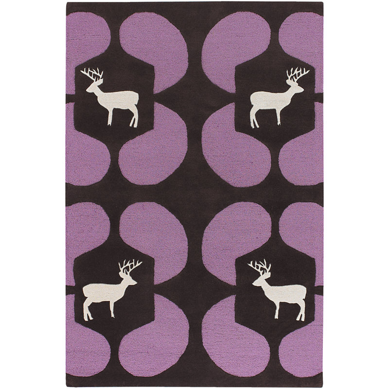 Valencia Authentic Hand-Crafted Hand-Tufted White Deer Silhouette Purple Geometric Shape On Brown Wool Indoor Area Rug