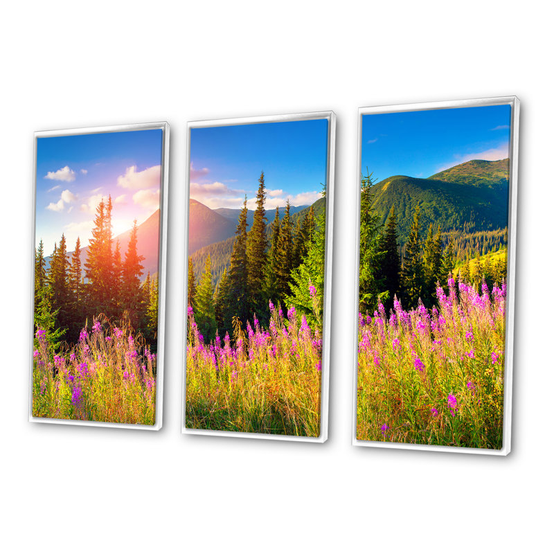 Montagnes avec fleurs roses - ensemble d'art mural sur toile encadré paysage de 3, Blanc, H 32 po x l 48 po