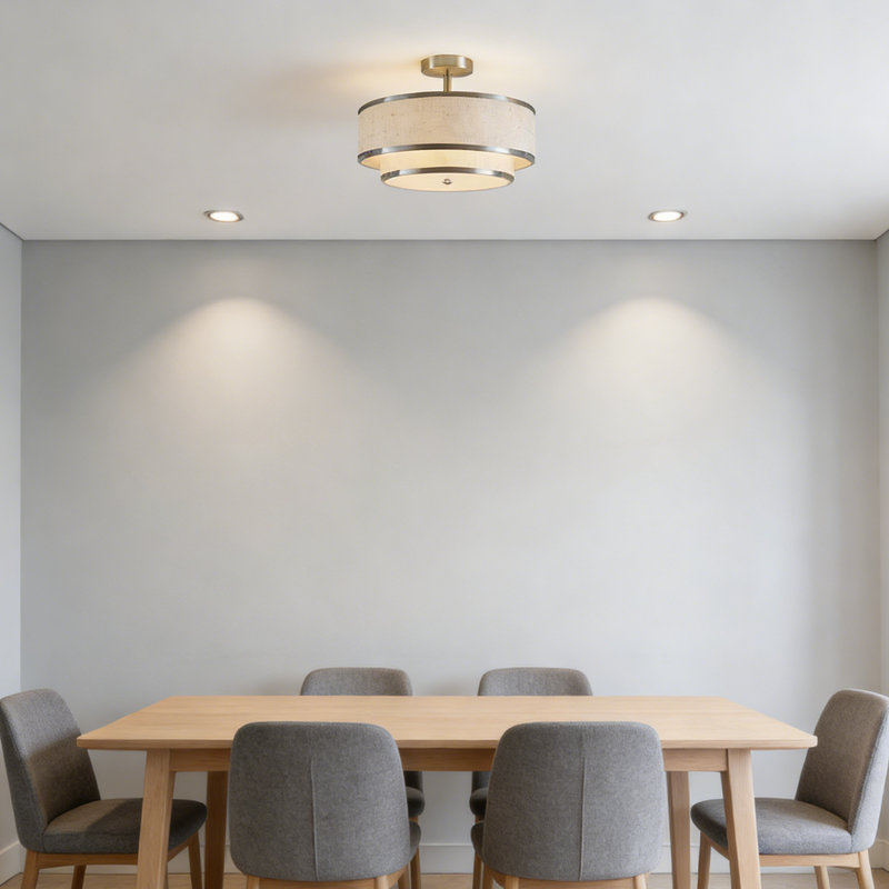 Plafonnier semi-encastré 3 lumières - Lustre tambour de style campagnard avec abat-jour en tissu, Nickel brossé