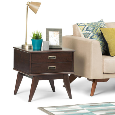 Table de bout rectangulaire Mid-Century moderne en bois massif de 22 po avec 2 tiroirs de rangement Draper