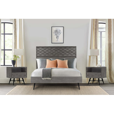 Ensemble de chambre à coucher 3 pièces en bois d'acacia gris Jamih