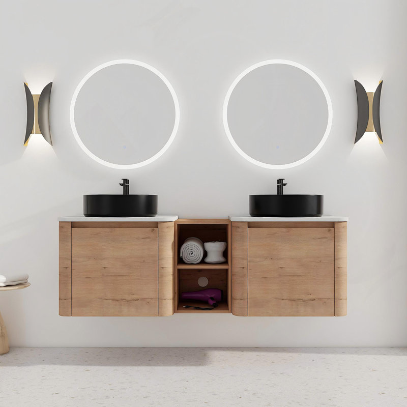 Meuble-lavabo mural 60 po avec lavabo d'art en céramique et 1 tablette de rangement, porte à fermeture en douceur, emballage KD, contreplaqué
