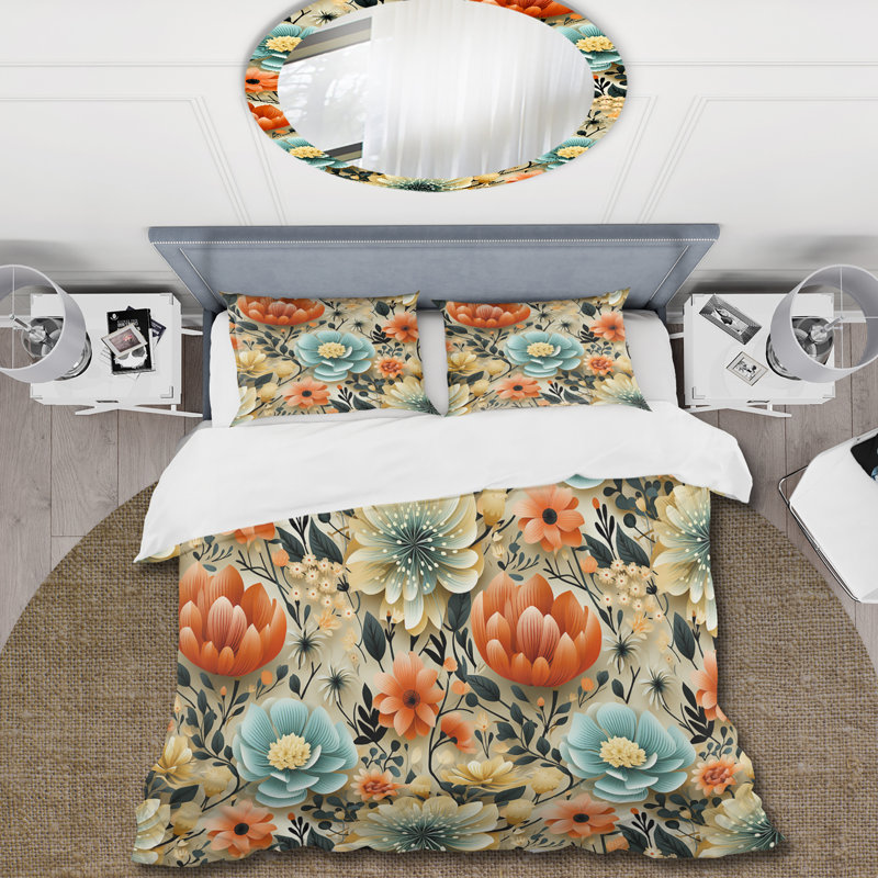 Ensemble de housse de couette éclectique bleu et orange Poppy Mosaic Melody, Housse de couette pour très grand lit et 2 très