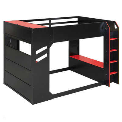 Lit mezzanine en bois avec bureau réglable en hauteur, tiroirs, compartiments de rangement, tringle et lumières RVB