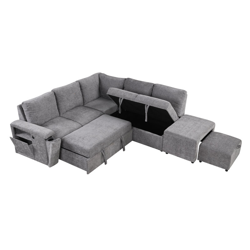 L Shaped  Modular Sofa Bed Pull Out Sofa With Storage USB Ports and Cup Holders