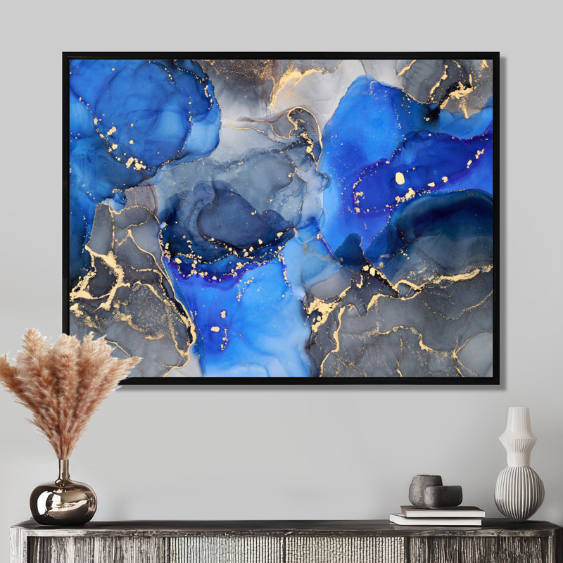 «Blue and Black Luxury Abstract Fluid Art I», reproduction d'art sur toile, H 24 po x l 32 po, Noir
