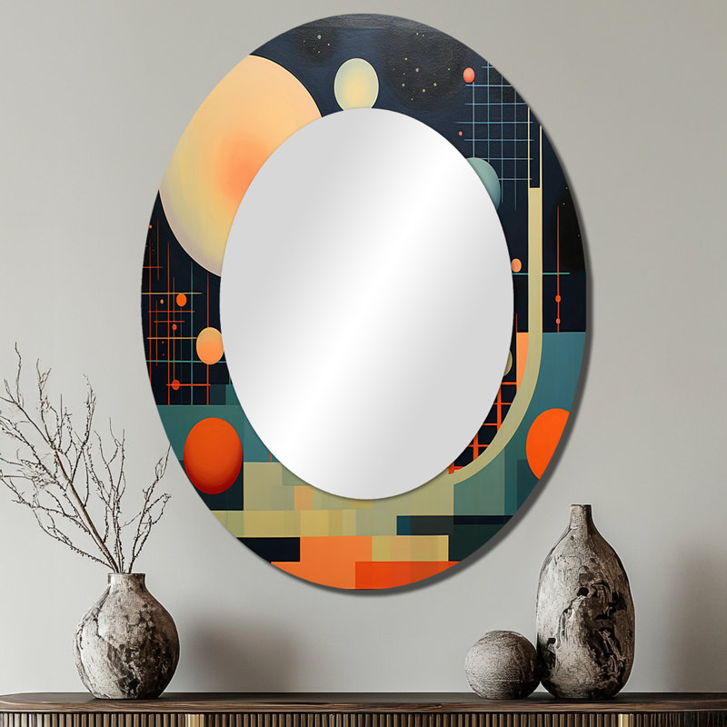Pleine lune Visions Mid-Century abstrait géométrique - grand miroir mural ovale sur métal, 40" x 30"