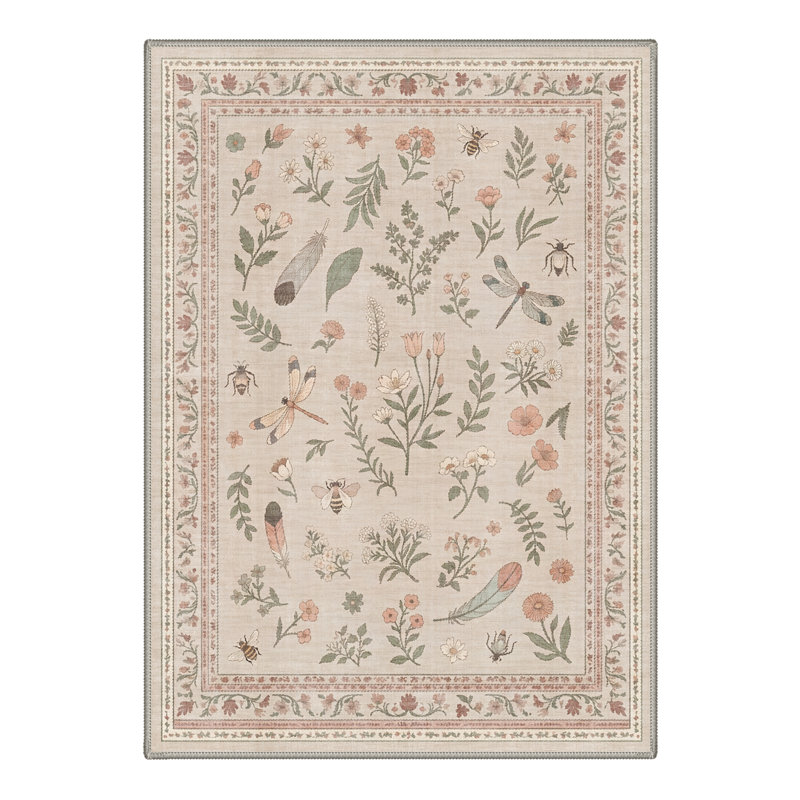 Adonis Aura Flora Boho Machine Washable Beige / Green Indoor Area Rug with Non-Slip Backing, Round 5'