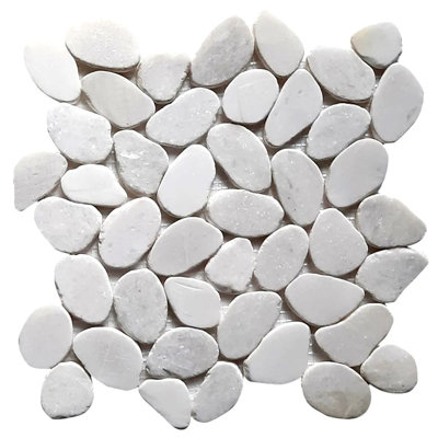 CNK Tile Milky White Sliced Round Pebble Tile Flat Polished Natural Stone Tile For Bathroom Kitchen Backsplash Floor Or Wall - 12" X 12"