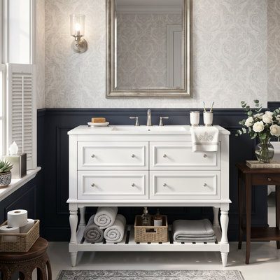 36" Modern Bathroom Vanity with Ceramic Sink & 4 Drawers, Solid Pine Wood Freestanding Cabinet (White/Black/Beige)