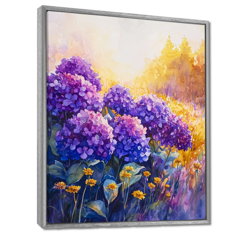 Hortensias dans un champ ensoleillé II - hydrangées, art mural, Argent argent, Reproduction avec cadre flottant
