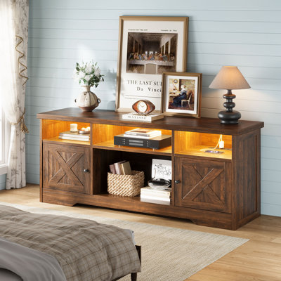 Tv Stand With Power Outlet, Farmhouse Entertainment Center With Led Light, Console Table And Media Furniture With Storage Cabinets