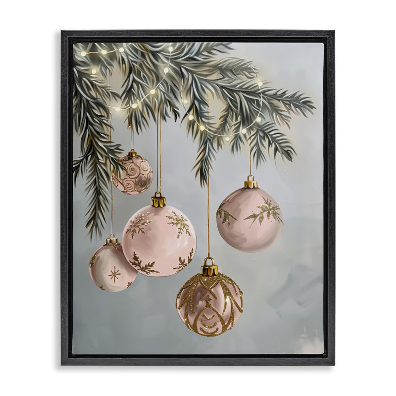 Cadre flottant rose avec décorations de Noël suspendues, design par Arlington Prints, H 21 po x l 17 po
