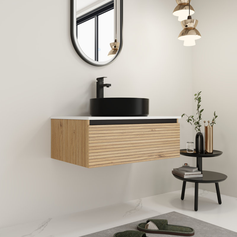 Meuble-lavabo écologique avec lavabo en céramique noire, solution de rangement moderne
