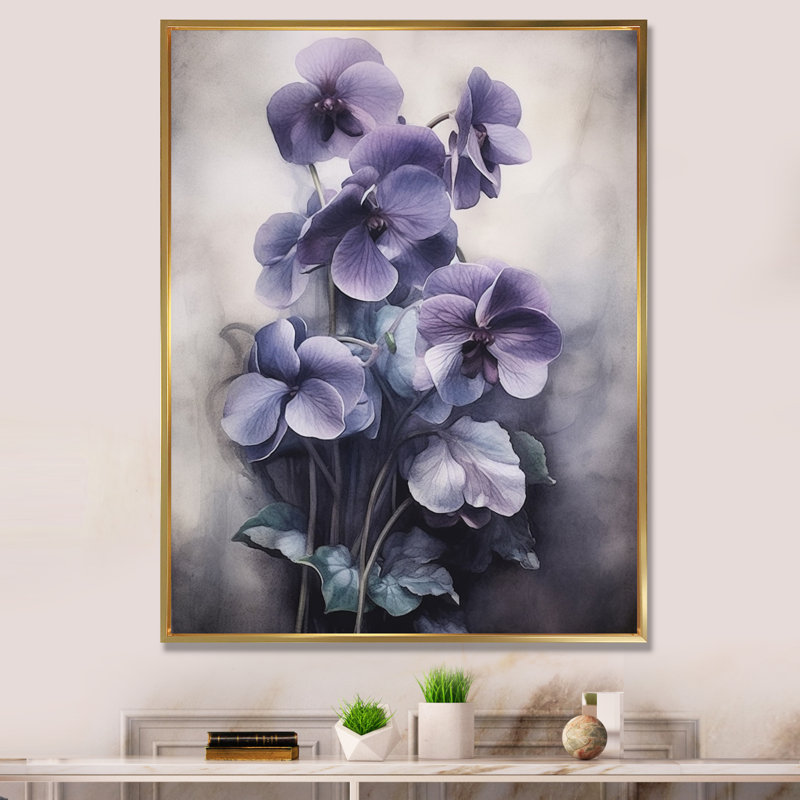 Mauve gris, violettes, rêve II - art mural floral, Cadre flottant doré, H 32 po x l 16 po x P 1 po