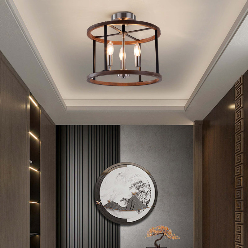 13.75"W 3-Light Brushed Nickel and Walnut Drum Candelabra Semi- Flush Mount