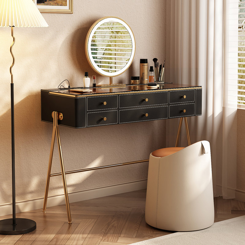 Coiffeuse haut de gamme, revêtement en similicuir grainé, plateau en verre trempé, miroir DEL, prise intégrée, 6 tiroirs, montage très facile