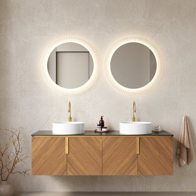 Meuble-lavabo 60 po avec lavabo, armoire de rangement murale flottante en contreplaqué avec 4 portes, 2 lavabos ronds en céramique et comptoir Sinte Stone