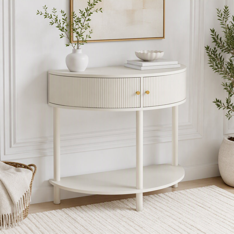 Console Table de bout demi-lune avec 2 tiroirs de rangement et tablette inférieure pour le salon, la chambre à coucher, le bureau et le couloir