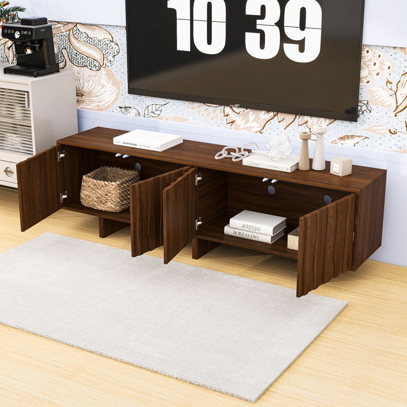 Wood Grain TV Stand with Wavy Door Front, Push-Open Doors and Cable Management, Walnut