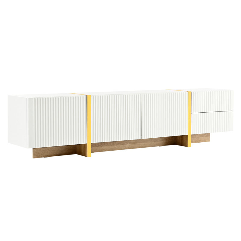 Meuble télé de luxe cannelé pour téléviseur de 80 po ou moins, centre de divertissement moderne avec armoires et tiroirs de rangement, console multimédia lisse avec pieds en grain de bois doré pour le salon