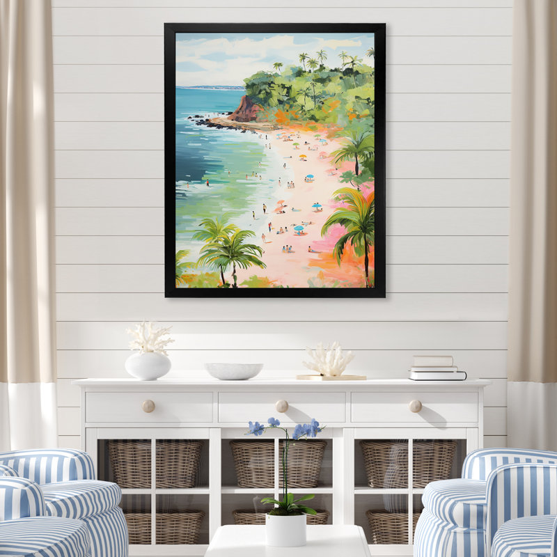 Scène de plage côtière, paradis en couleur pastel IV - plage, art mural, H 20 po x l 12 po x P 1 po, Cadre simple noir