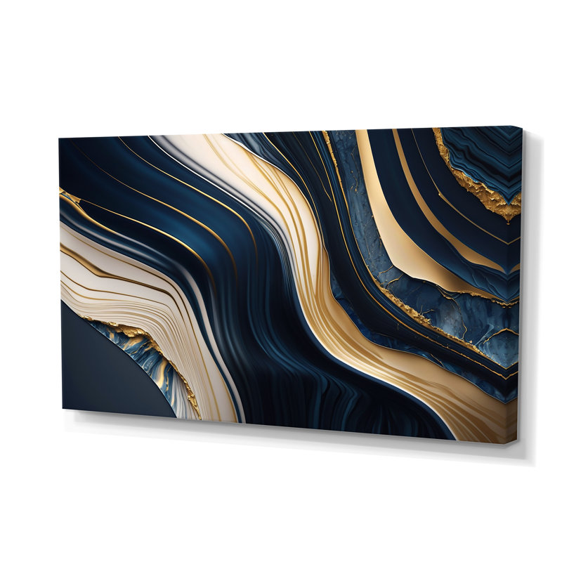 Abstrait géométrique vagues bleues et dorées II - art mural abstrait