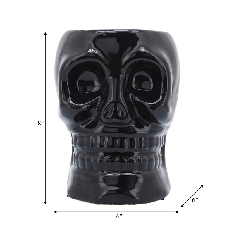 Skull-Shaped Ceramic Vase., 8" H x 6" W x 6" D, Black