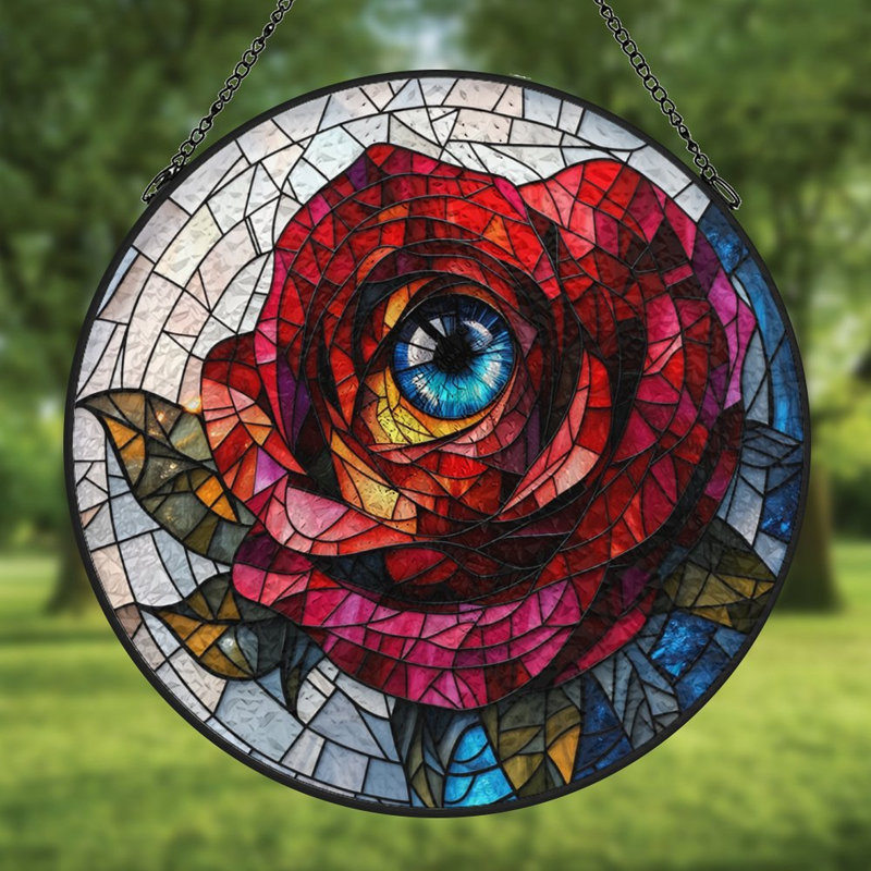 Vitrail rose avec œillets vitrail pour fenêtre, 7.8x7.8in(20x20cm)
