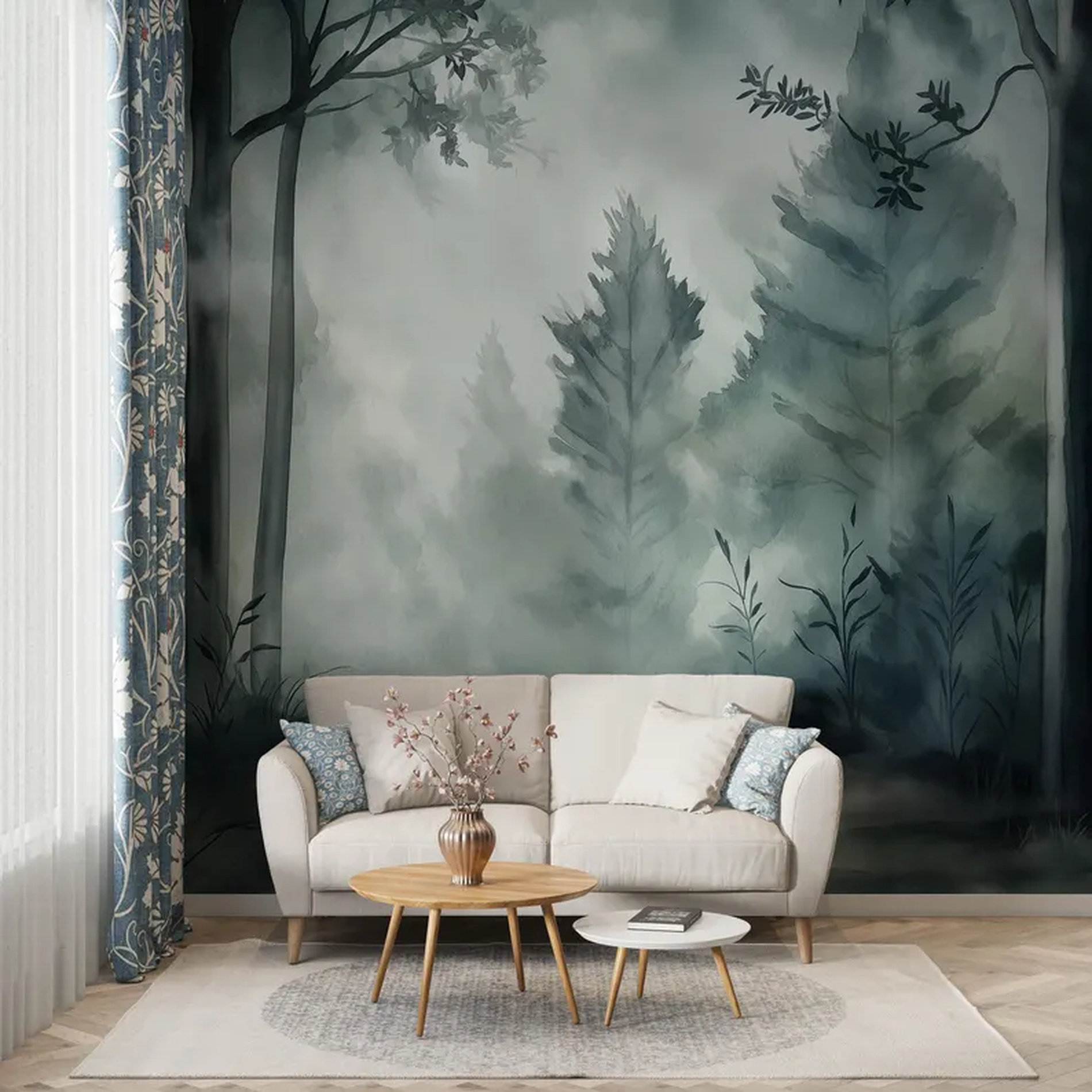 Red Barrel Studio Misty Forest Wall Mural, Moody Watercolor Woodland ...
