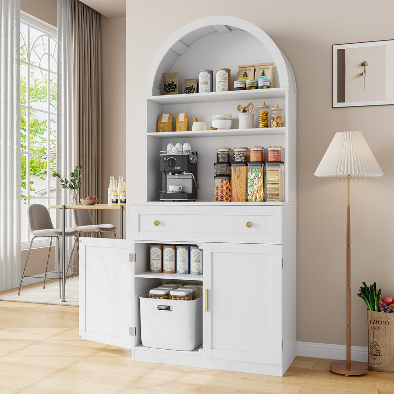 70" Tall Arched Kitchen Pantry, Modern Kitchen Storage Cabinets with Open Shelves, White