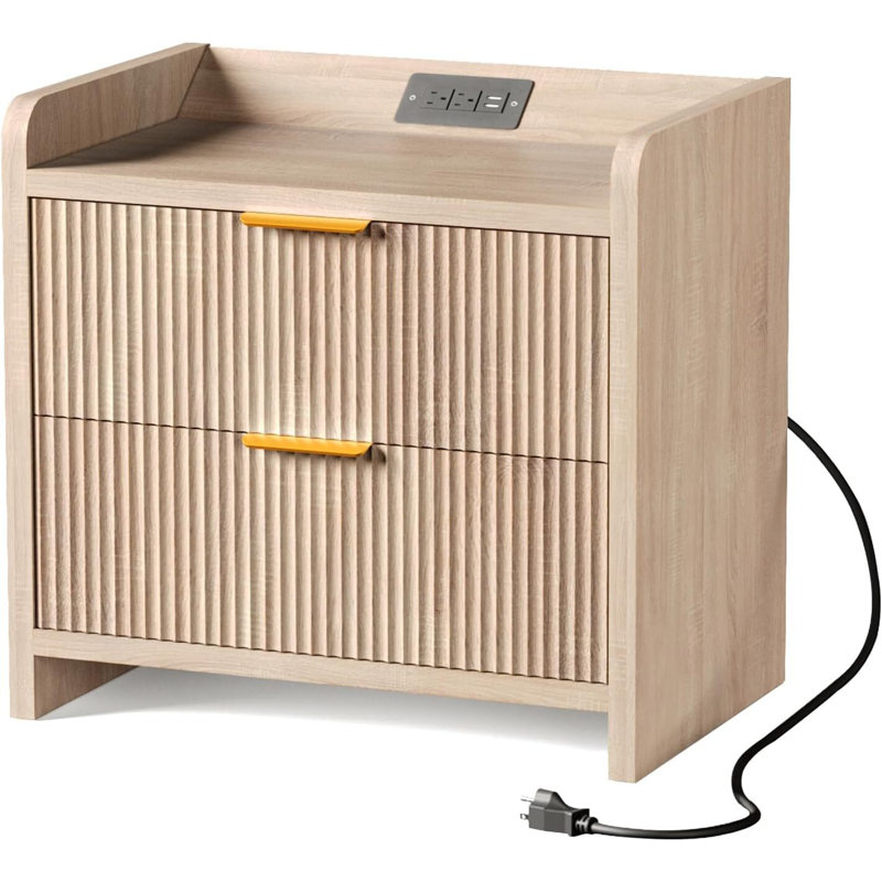 Fluted Nightstand with Charging Station, 23.6" Modern Night Stand with 2 Drawers, Side Table with Storage, Bedside Table for Bedroom, Living Room, Natural Oak