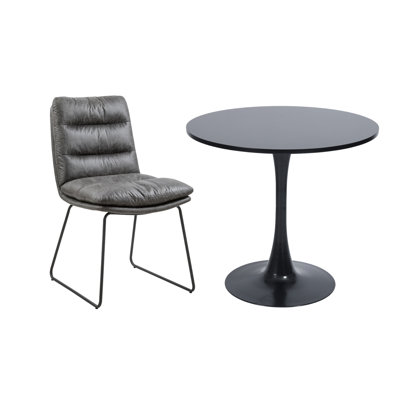 Ensemble de bureau moderne | Table ronde à piédestal noir mat + chaises en cuir avec structure en métal | Parfait pour les espaces de réception et les salles d'attente
